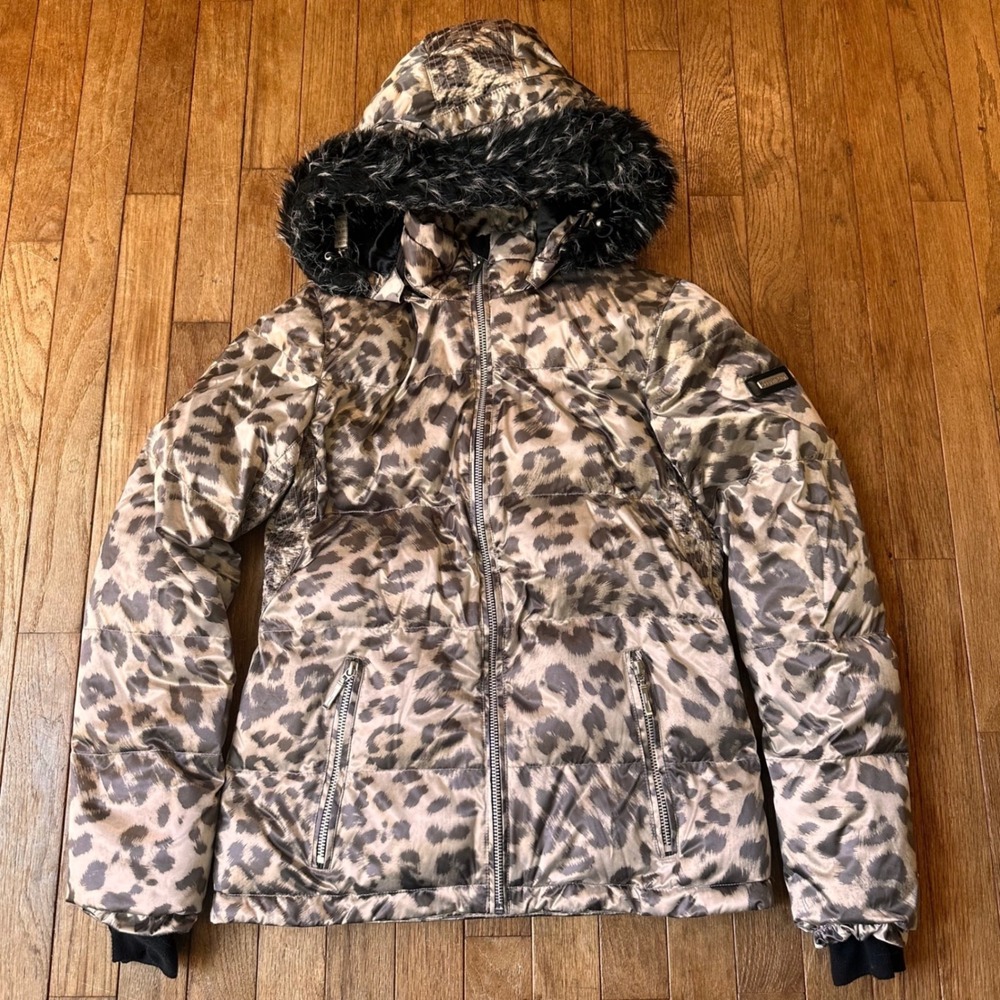Obermeyer Cheri Jacket Ladies 2 Leopard Print Faux Fur Trim Hood Tan Grey Winter